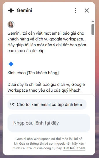 Sử dụng Gemini để tạo nội dung cho email mới