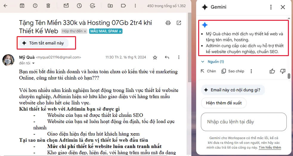 Sử dụng Gemini để tóm tắt email
