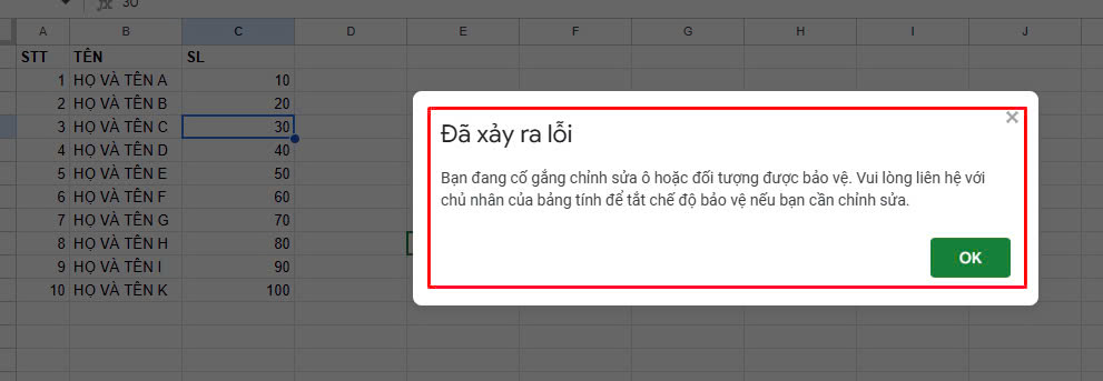 Kết quả khi người khác muốn chỉnh sửa dải ô mà bạn đã khóa