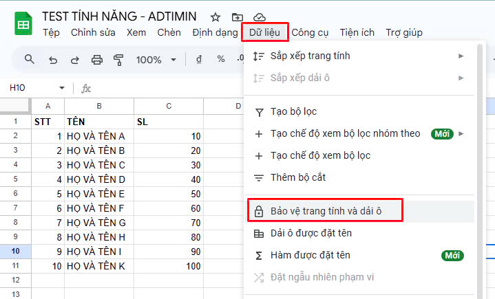 Khóa bảo mật toàn bộ trang tính (Sheet)