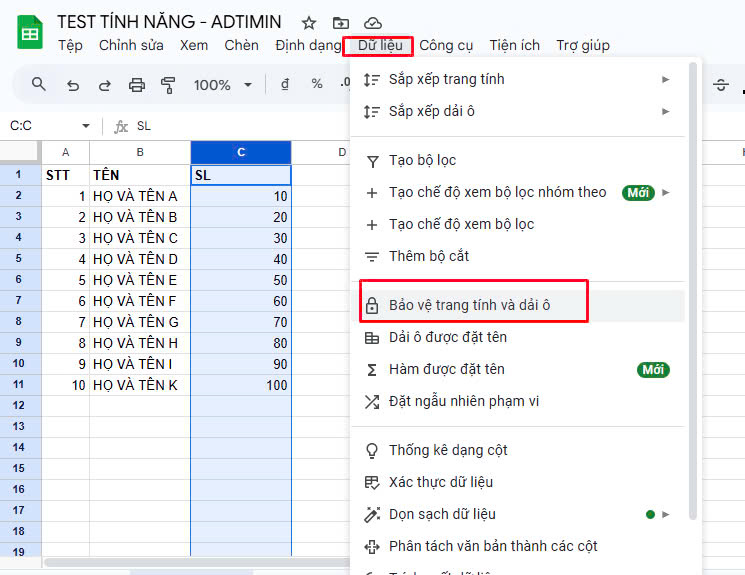 Khóa một hoặc nhiều ô trong một Sheet