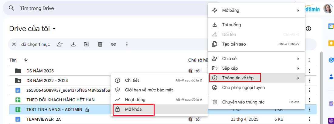 Mở khóa tập tin trên Google Drive